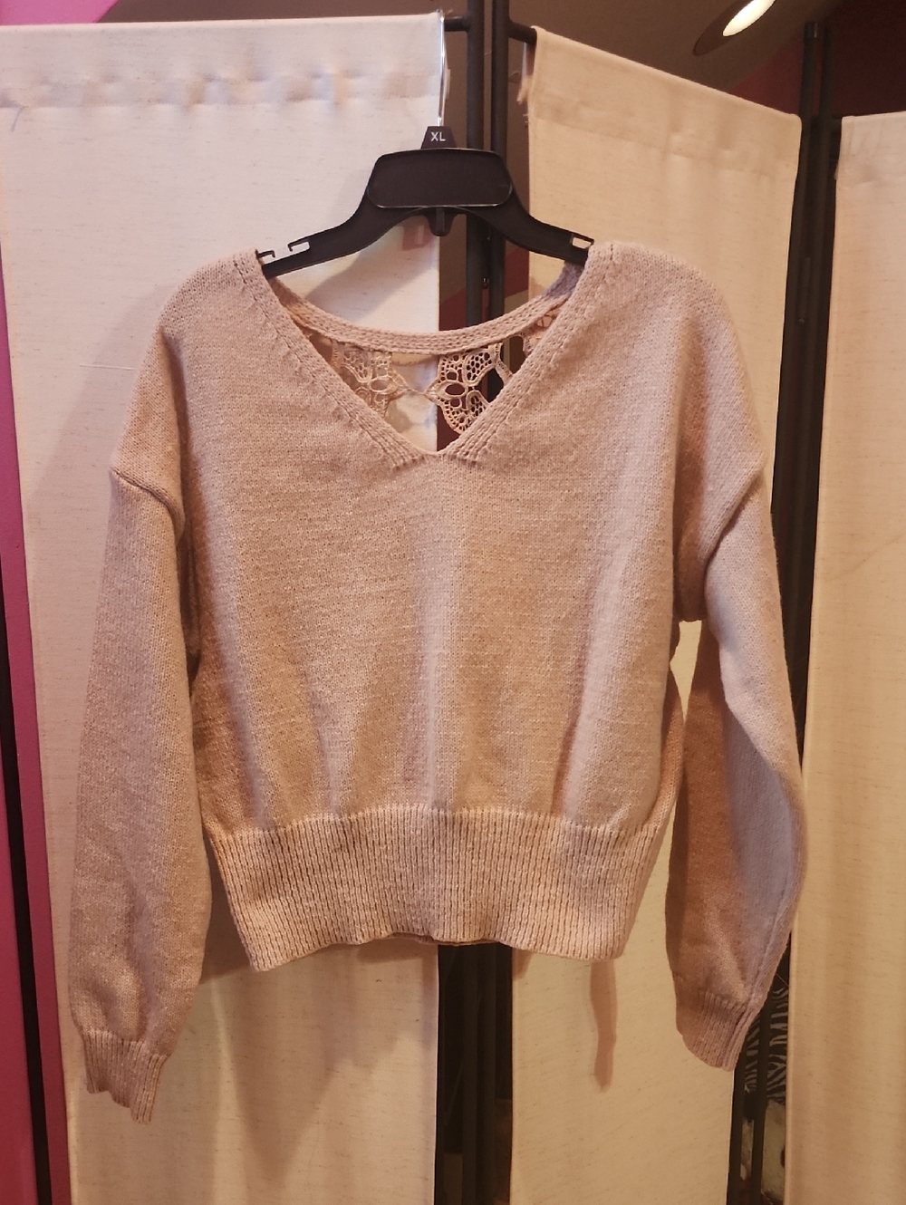 SHEIN Cream V-Neck Lace-Back Knit Sweater